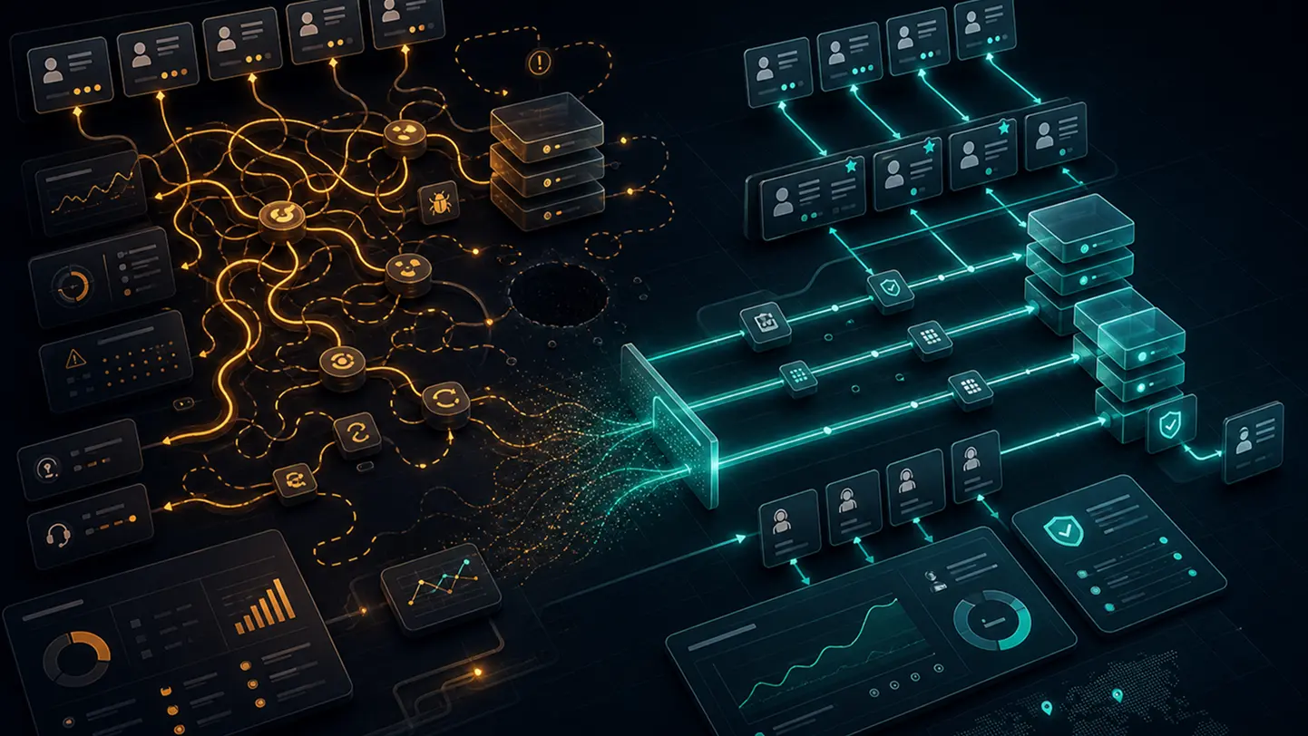 The product mapped as a working business system: preserved core, hardened critical paths, improved operating layer, and beta shortcuts turned into production-grade systems