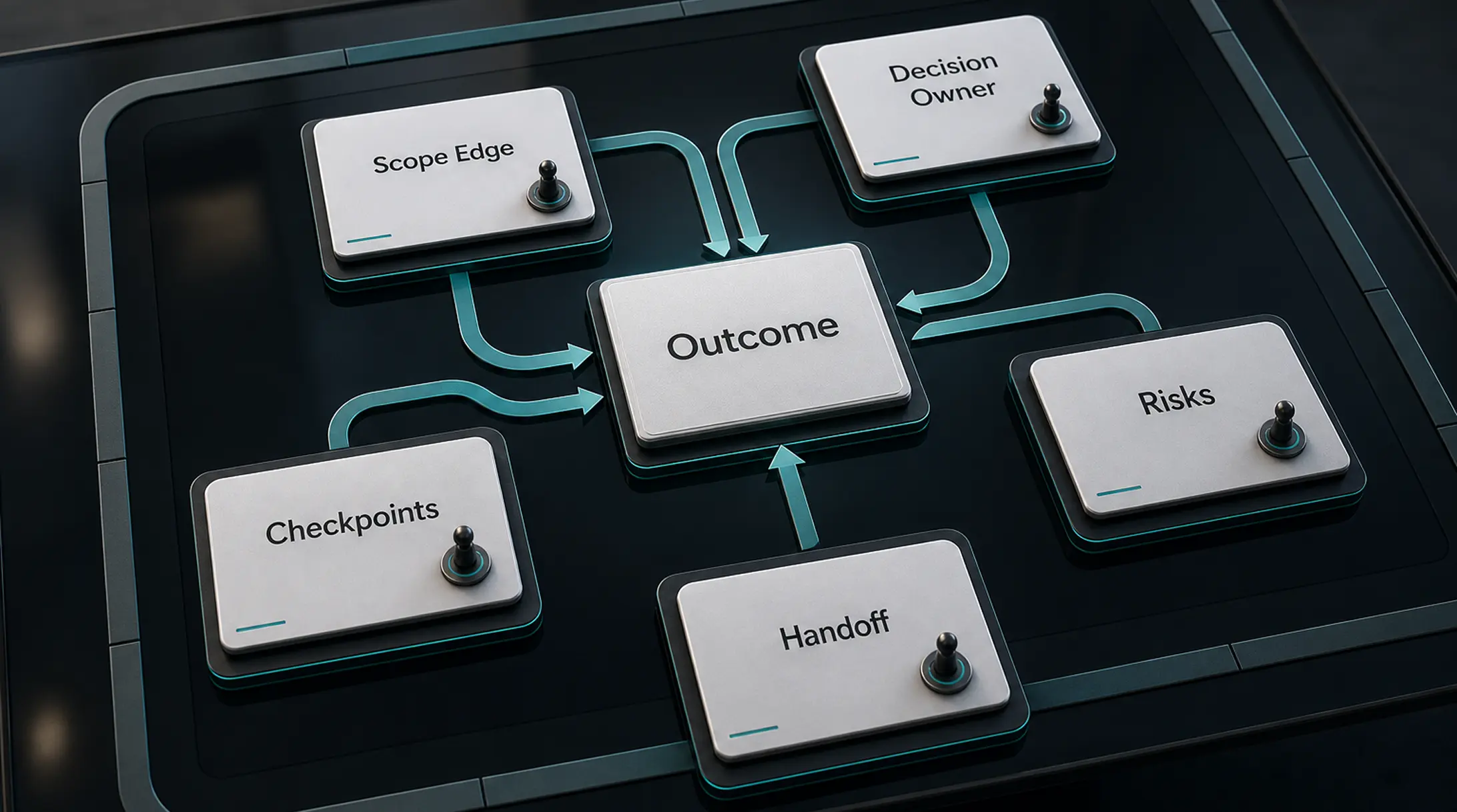 Priority Outcome Delivery map: a bounded outcome connected to scope edge, decision owner, checkpoints, risks, and handoff
